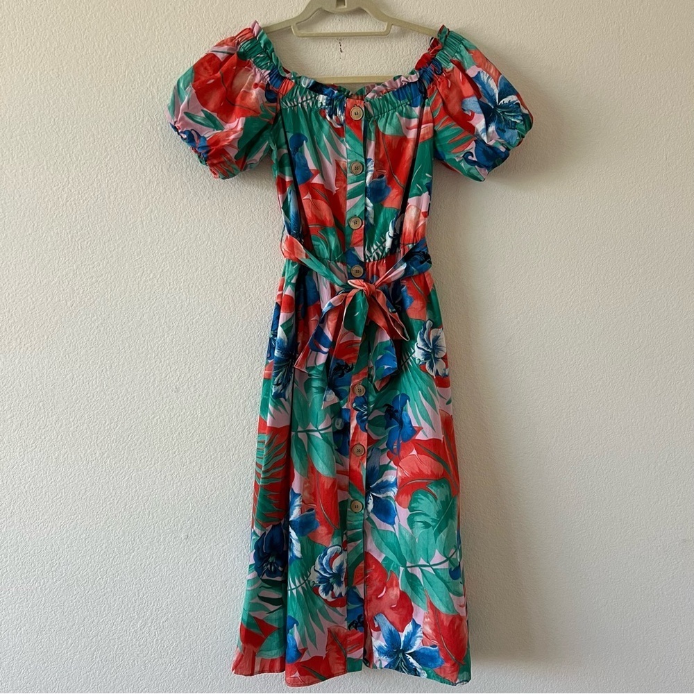 Zara Tropical Floral Off Shoulder Midi Dress S Pockets Puff Sleeve Resort Summer - Picture 7 of 16